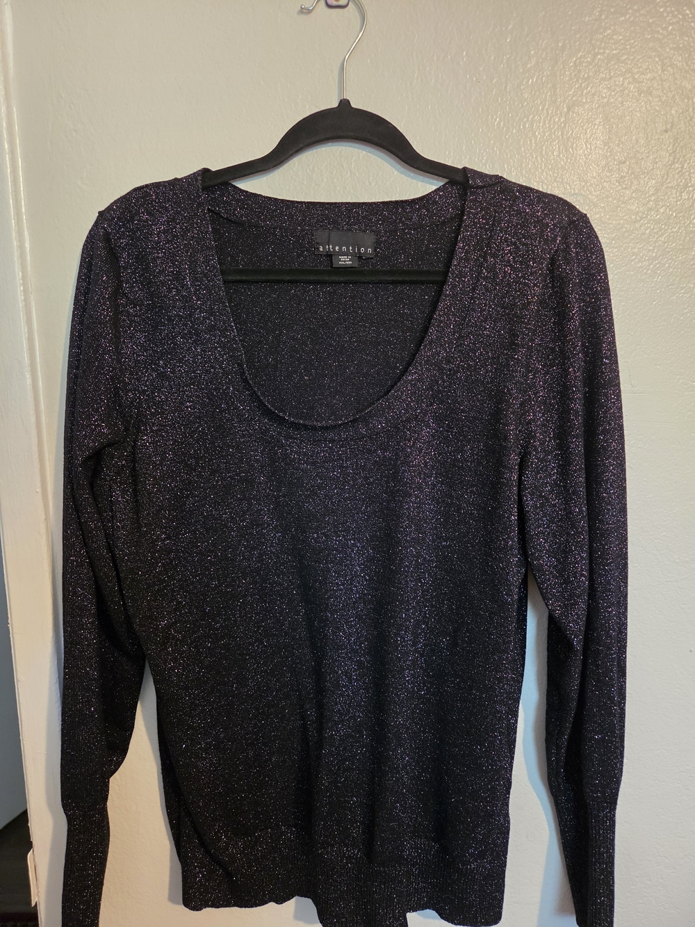 Attention Shimmery Scoop Neck Long Sleeve Top in Black